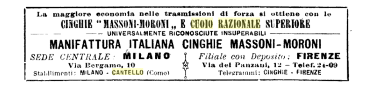 pubblicità de Il Cuoio Razionale Società Anonima, con stabilimenti all'Acqua Magnesia di Cantello (VA)