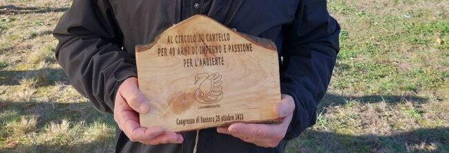 La targa in legno ricevuta da Legambiente Cantello per i 40 anni del circolo locale, nelle mani del presidente Serafino Legnani.
